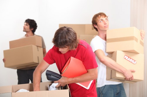 Professional moving team using PPE and safe handling methods